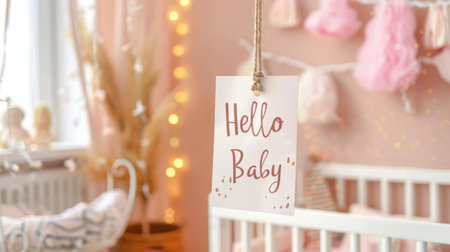 hello baby paper tag hanging in cozy pink childs roomの素材