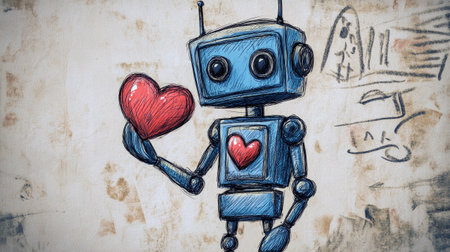 cute robot with heart sketch for valentines dayの素材