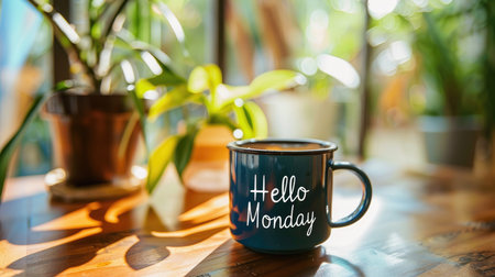 hello monday coffee cup stand on tableの素材