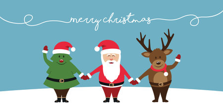 cute christmas greeting card with santa and deer characters vector illustrationのイラスト素材