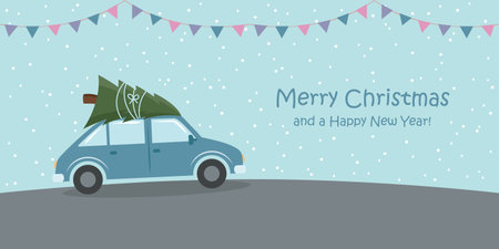 christmas greeting card with car and christmas tree on snowy landscape vector illustrationのイラスト素材