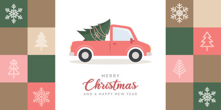 christmas greeting card with car and christmas tree vector illustrationのイラスト素材