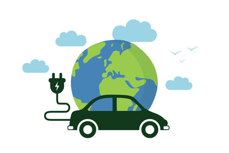 electric car with charging cable on earth background vector illustrationのイラスト素材