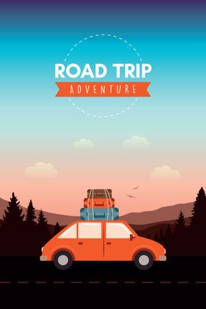 road trip adventure in the wilderness car on mountain landscape vector illustration