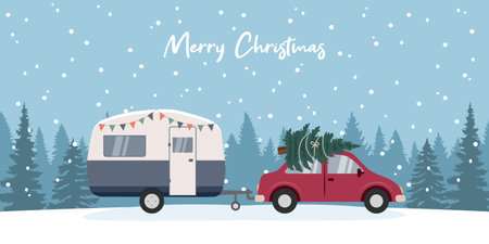 camping adventure car with caravan in snowy winter landscape vector illustrationのイラスト素材