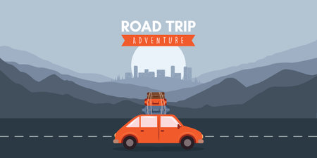 road trip adventure in the wilderness car on mountain landscape vector illustrationのイラスト素材