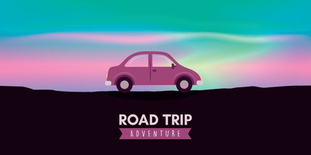 road trip adventure car on polar lights colorful sky background vector illustrationのイラスト素材