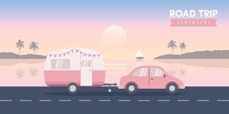 road trip adventure caravan on tropical landscape vector illustrationのイラスト素材