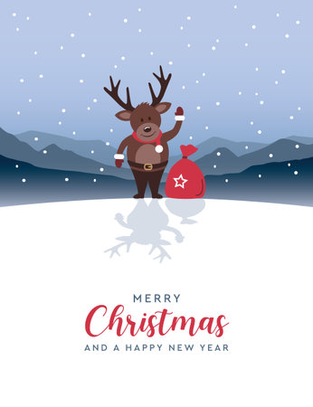 cute deer on snowy winter landscape christmas greetig card vector illustrationのイラスト素材