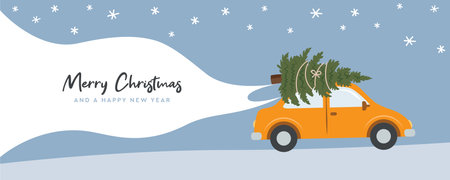 car with christmas tree on snowy winter landscape vector illustrationのイラスト素材