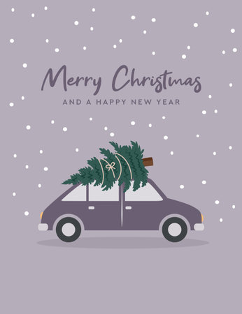 christmas greeting card with car and christmas tree vector illustrationのイラスト素材