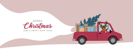 cute deer sits in a car with christmas tree and gifts vector illustrationのイラスト素材