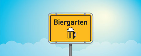 place name sing with german text beer garden on blue sky background vector illustrationのイラスト素材