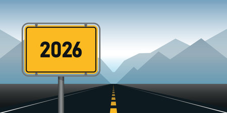 asphalt road direction 2026 on mountain background vector illustrationのイラスト素材