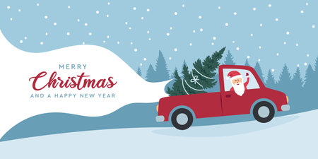 santa drives a car with christmas tree on snowy winter landscape vector illustrationのイラスト素材