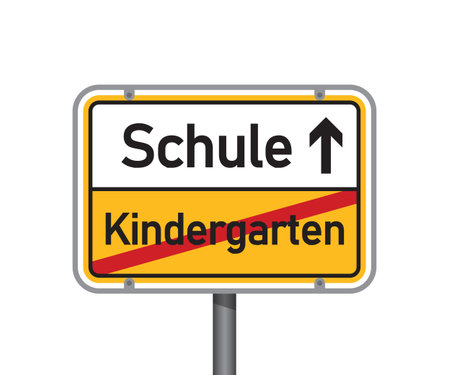 yellow traffic sign with german words school and kindergarten isolated vector illustrationのイラスト素材