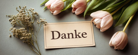 paper label with german word thank you on wooden background with tulipsの素材