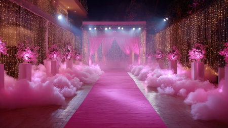 pink carpet entrance to vip event with clouds illustrationの素材
