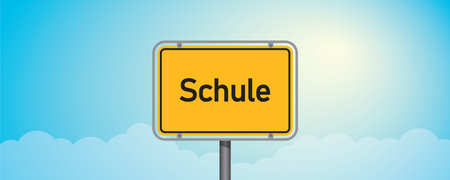 place name sign with german word school on blue sky background vector illustrationのイラスト素材