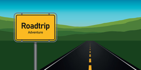 roadtrip adventure asphalt road in green mountains in summer landscape vector illustrationのイラスト素材