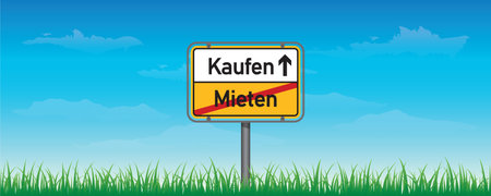 yellow traffic sign with german words buy rent on nature background vector illustrationのイラスト素材