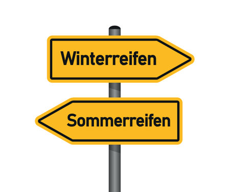 yellow traffic sign with german words winter tires and summer tires isolated vector illustrationのイラスト素材