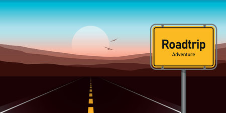 road trip adventure in mountain landscape at sunset vector illustrationのイラスト素材