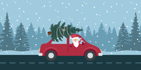 santa drive with red car and christmas tree in snowy winter landscape vector illustrationのイラスト素材