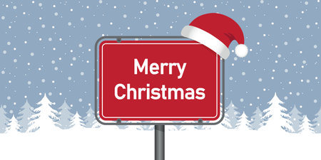 merry christmas place sign in snowy winter landscape vector illustrationのイラスト素材