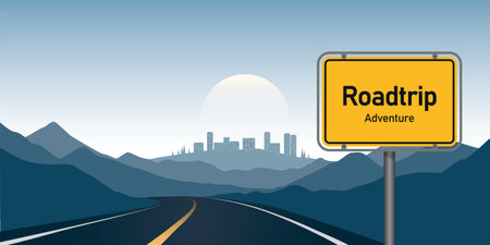 road trip adventure in night landscape with cityview vector illustrationのイラスト素材
