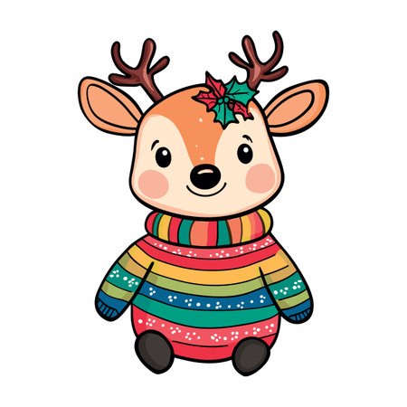 cute little deer in cozy winter sweater isolated vector illustrationの素材