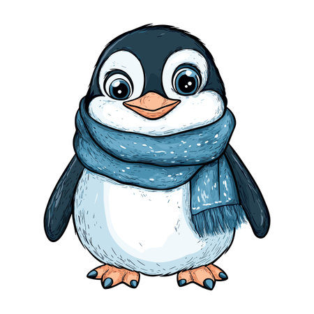 cute little penguin with cozy colorful winter scarf isolated vector illustrationの素材
