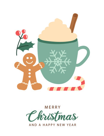 christmas greeting card with tasty hot drink vector illustrationのイラスト素材