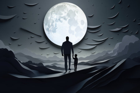 father and child walk together in fantasy world paper art illustrationの素材