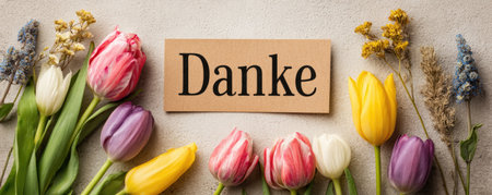 paper label with german word thank you on wooden background with tulipsの素材