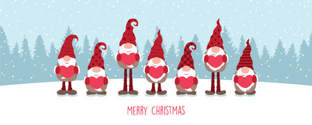 cute dwarf holding hearts and snowy landscape christmas greeting card vector illustrationのイラスト素材
