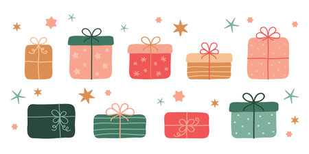 set of cute christmas and birthday gifts isolated vector illustrationのイラスト素材