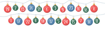 advent calendar with hanging christmas balls on red background vector illustrationのイラスト素材