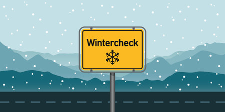 wintercheck traffic sign on snowy winter landscape background vector illustrationのイラスト素材