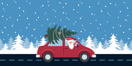 santa drive with red car and christmas tree in snowy winter landscape vector illustrationのイラスト素材