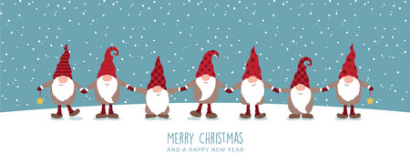 cute dwarf holding hands on snowy winter background christmas greeting card vector illustrationのイラスト素材