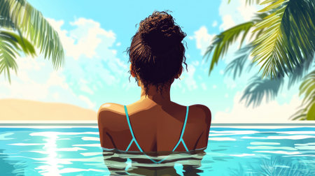 young woman enjoying the pool in tropical summer illustrationの素材