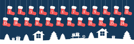 advent calendar with hanging christmas socks in winter village vector illustrationのイラスト素材