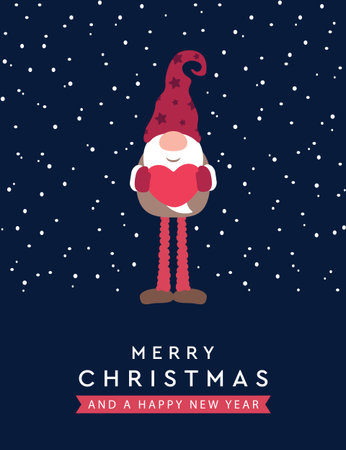 christmas greeting card with cute dwarf holding hearts and snowy background vector illustrationのイラスト素材