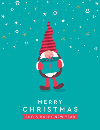 christmas greeting card with cute dwarf with gift vector illustrationのイラスト素材