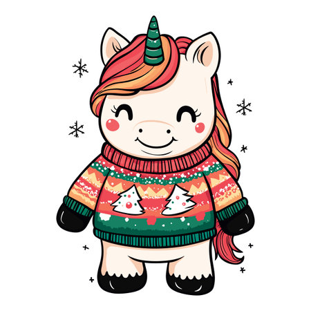 cute little unicorn in cozy winter sweater isolated vector illustrationの素材