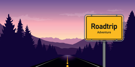 road trip adventure in the forest in mountain landscape vector illustration
