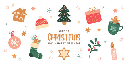 cute christmas greeting card with decoration winter elements isolated vector illustrationのイラスト素材