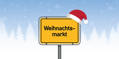 place sign with german word christmas market in snowy winter landscape vector illustrationのイラスト素材
