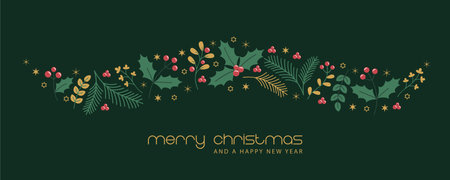 christmas greeting card with floral holly berry wave decoration vector illustrationのイラスト素材